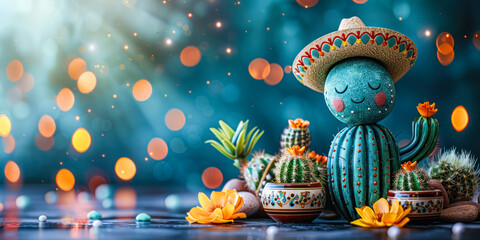 Naklejka premium Cinco de mayo holiday blue background with charming animated cactus figure wearing a sombrero ,cactuses in pots . Copy space for text. Concept: celebration, backgrounds , decoration