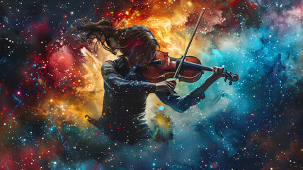 Solo Violinist in Cosmic Concert - obrazy, fototapety, plakaty