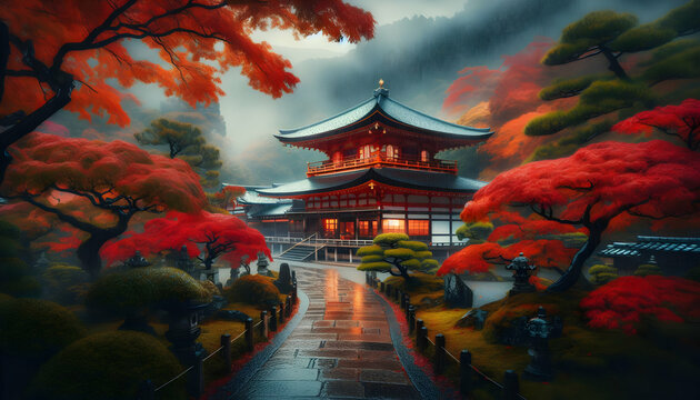 Japanese Temple and Garden Splendor: Autumn Rain in Kyoto Unveiled in Stunning Photography - Rain Season Photo Stock Concept