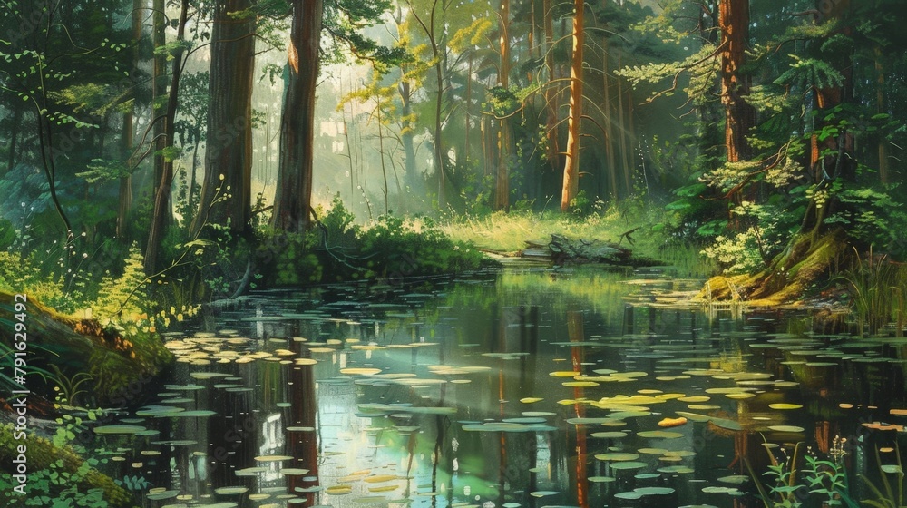Poster forest pond with distant trees