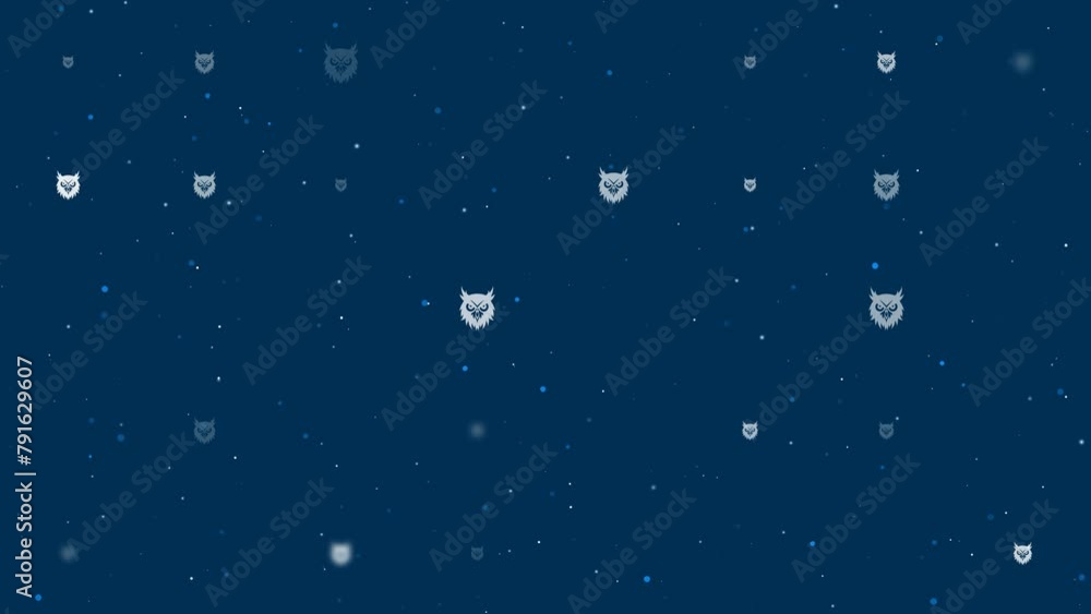Poster template animation of evenly spaced owl head symbols of different sizes and opacity. animation of tr