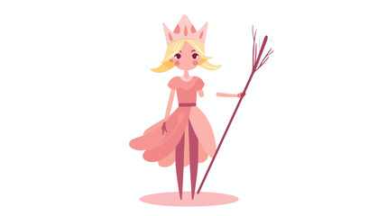 Isolated cute elf in a long pink dress holding a st