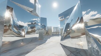 A 3D maze of reflective silver walls under a minimalist sky