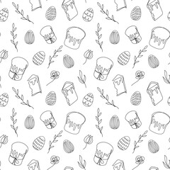 Seamless pattern of Easter eggs, Easter Kulich cakes, floral elements. Black and white. Line art. White backdrop. Festive design. Easter decoration, wrapping paper, greeting, textile, print