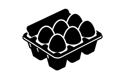 Egg carton with eggs. Black silhouette. Black and white egg box graphic illustration. Icon, sign, pictogram. Concept of food storage, kitchen essentials, grocery. Isolated on white backdrop