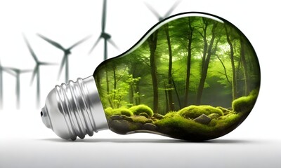 A glass light bulb filled with a lush, green forest landscape featuring moss-covered rocks and wind turbines in the background, symbolizing renewable energy and environmental sustainability