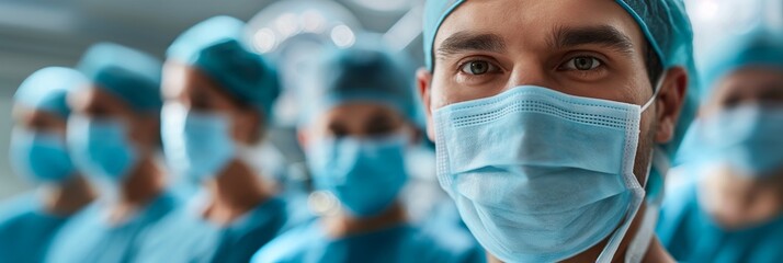 Team of focused healthcare professionals wearing surgical masks and scrubs in a medical setting - obrazy, fototapety, plakaty