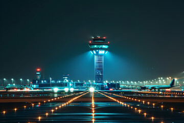  air traffic control tower at night, its lights a beacon of guidance for aircraft - Powered by Adobe