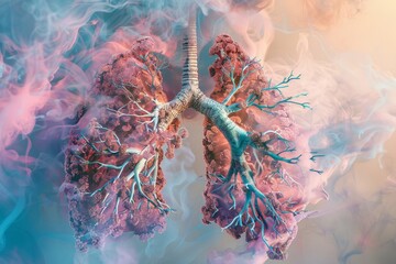 Illustration of human lung anatomy Shows the trachea and alveoli.