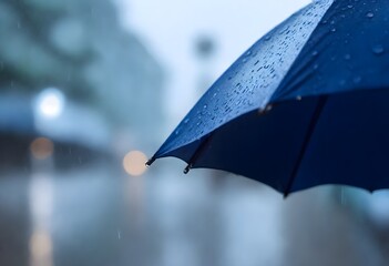 A blue umbrella in the rain, with water droplets visible on the surface and a blurred, rainy background