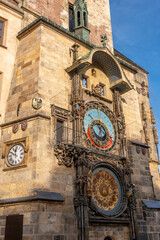 View of Astronomical clock in Old Town of Prague city.