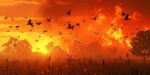 Flock of Birds Fleeing Raging Inferno in Transformed Landscape - obrazy, fototapety, plakaty