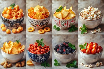 A collection of snacks and crisps. Ring cheese puffs, potato chips, popcorn, nachos, a collection of snacks and chips. Snacks in bowls, closeup.