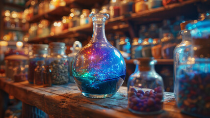 Colorful potion in glass flask on shelf - obrazy, fototapety, plakaty