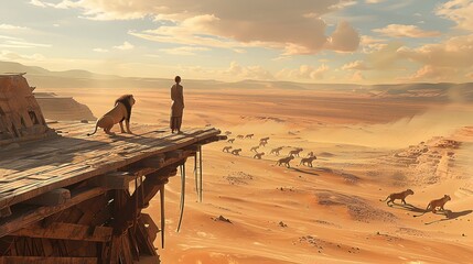 Lone Traveler Gazes Over Vast Desert as Majestic Lions Stalk Across the Sands at Sunset - obrazy, fototapety, plakaty