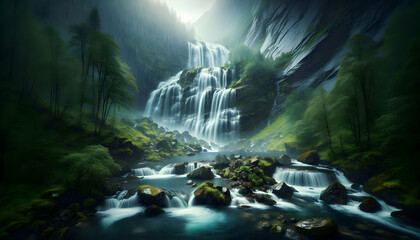 Cascade Calm: A Serene Waterfall in Norway, Tranquility of Fjords in Rainy Season - Stock Photo Concept