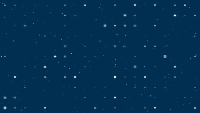 Template animation of evenly spaced suns of different sizes and opacity. Animation of transparency and size. Seamless looped 4k animation on dark blue background with stars