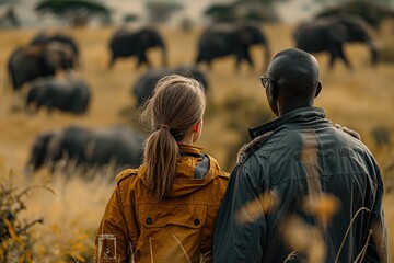 Man and Woman Observing Herd of Elephants on MKU African Safari Adventure