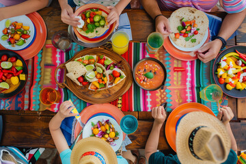 Mexican family celebrates Cinco de mayo together at a festive table with mexican food and drinks