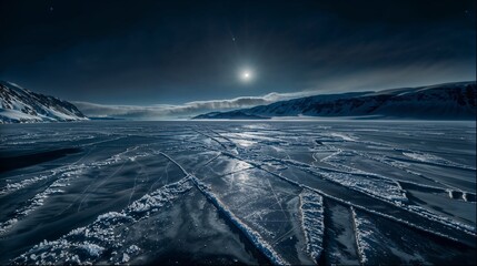 Moon shines brightly on frozen lake under night sky
