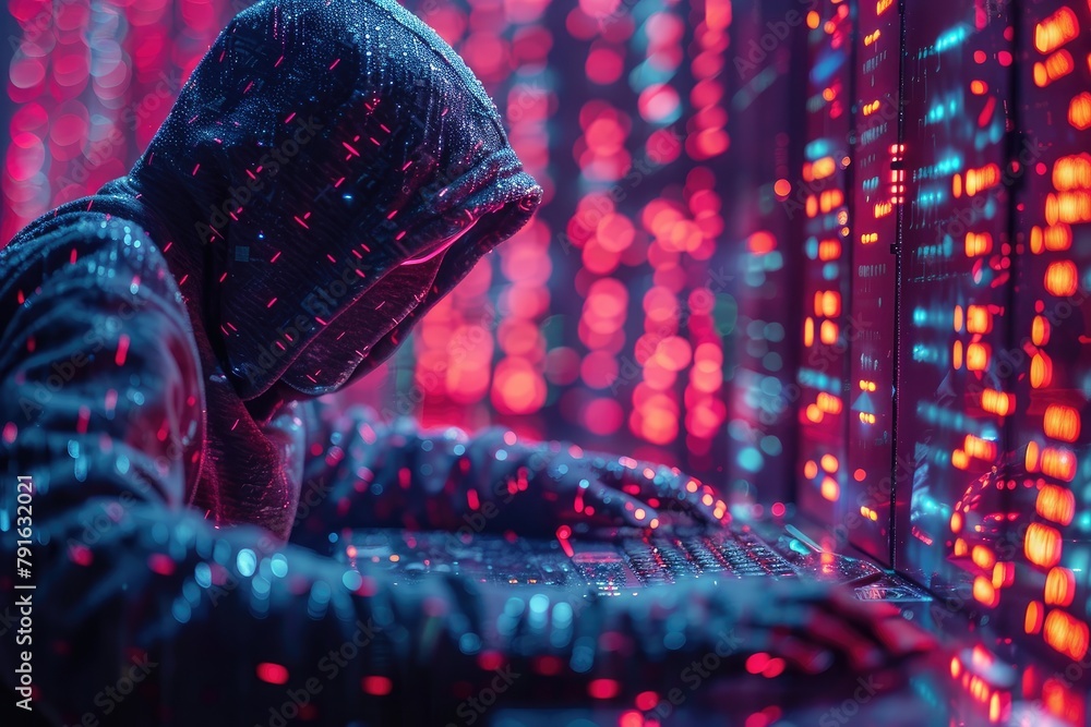 Poster a hacker in a dark hoodie is typing on a computer in a room full of servers. the background is a blu