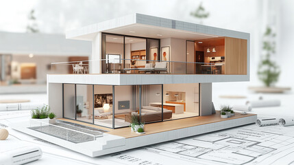 House concept. Sliced house with interior. 3d illustration