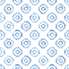 Seamless geometric watercolor pattern. White and blue textile print. Handwork with paints on paper. Grunge texture. Vector illustration.