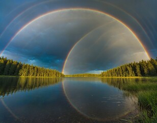Capture the beauty of a double rainbow arching over a serene lake after a summer shower.
