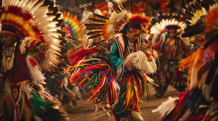 A Native American powwow showcasing dancers in elaborate regalia adorned with vibrant feathers.
