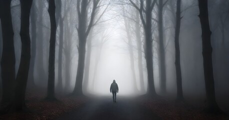 A lone person walking down a foggy, misty forest path surrounded by bare, dark trees
