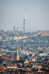 Naklejka premium Aerial view of old town and TV tower in Prague. Czech Republic.