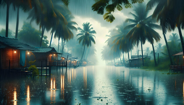 Tranquil and Mystical Monsoon Magic: Kerala Backwaters Reflecting the Rain Season, Ideal for Tranquil and Mystical Themes - Stock Photo Concept