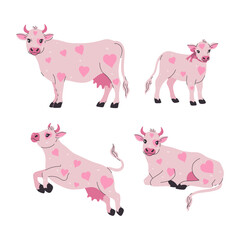 Set of cute pink cows with heart-shaped spots. Vector graphics.