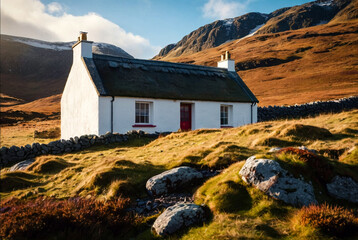 Scenery of alone traditional Scottish white croft house cottage in rural highlands. Mountain landscape countryside in summer sunny day. Nature Scotland concept. Gen ai illustrate. Copy ad text space - obrazy, fototapety, plakaty