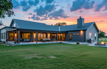 the exterior of a single family house in Texas at dusk, focusing on one side that has been renovated with modern grey walls and shingle roof material. The large backyard has green grass and lighting