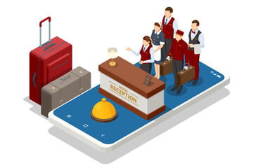 Isometric Online Hotel Booking Concept. Characters Planning Trip and Choosing Destination. People Booking Hotel and Search Reservation for Holiday. Smartphone Maps GPS Location