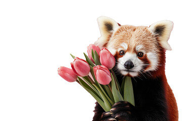 
cute animal red panda with a bouquet of pink tulips for mother's day, holiday, women's day,...