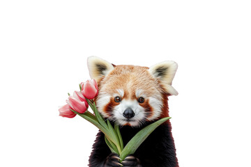 
cute animal red panda with a bouquet of pink tulips for mother's day, holiday, women's day,...