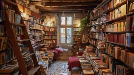A cozy bookshop with stacks of books and comfy reading nooks  AI generated illustration