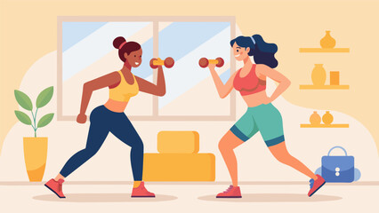 A pair of women holding hand weights and doing cardio kickboxing moves in a spacious sunlit room their hearts racing and their muscles burning