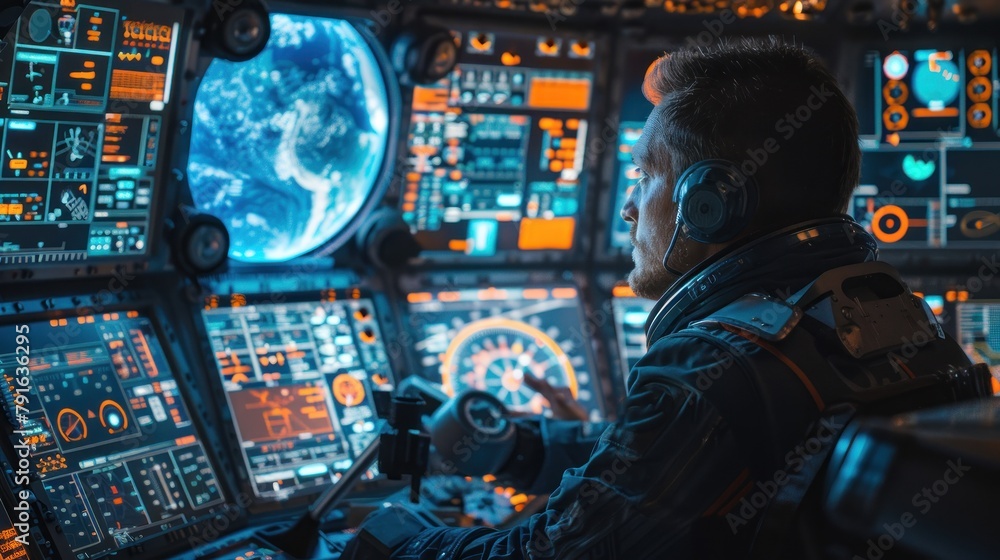 Wall mural astronaut operating advanced controls in a space station cockpit overlooking earth.