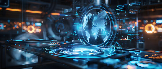 A futuristic computer screen displaying a holographic world map in blue.