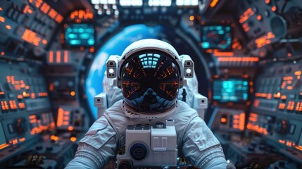 Close-Up of Astronaut Operating Spacecraft Controls. Close-up of an astronaut with a reflective visor operating glowing control panels inside a spacecraft. - obrazy, fototapety, plakaty