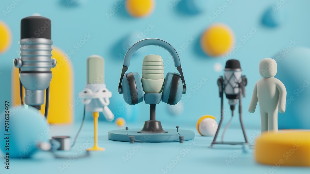 Poster a cute 3d render of a radio host interviewing guests ai generated illustration