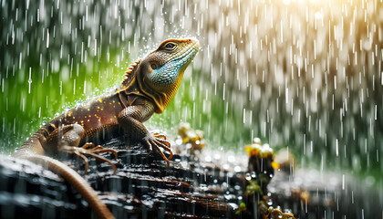 Close-up Rainy Reptiles: Lizards Basking in Rain - A Unique Perspective on Reptilian Life and Natural Ecosystems in Rainy Season Photo Stock Concept