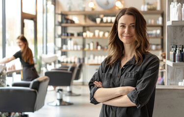 A photo of beautiful salon owner standing with her arms crossed in front, wearing an apron and smiling at the camera while other stylist works on hair