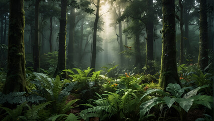 Sunlight filters through the trees in a misty green forest in the morning. Generated AI