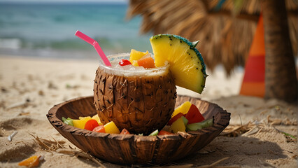 A refreshing coconut drink with a hint of cream, perfect for enjoying on a tropical beach. Generative AI
