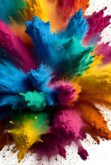 Abstract background of colorful rainbow holi paint color, powder explosion, white backdrop. Creativity poster wallpaper. Conceptual design backgrounds concept. Gen ai illustration. Copy ad text space
