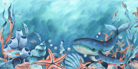 Underwater world clipart with sea animals whale, turtle, octopus, seahorse, starfish, shells, coral and algae. Hand drawn watercolor illustration. Border, template, frame on a blue marine background © NATASHA-CHU